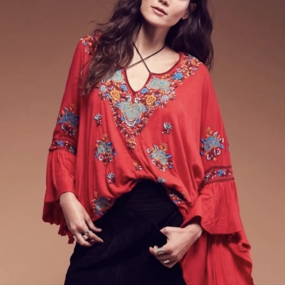 Free People Embroidered Floral Boho Siren Song Tunic Oversized Blouse M